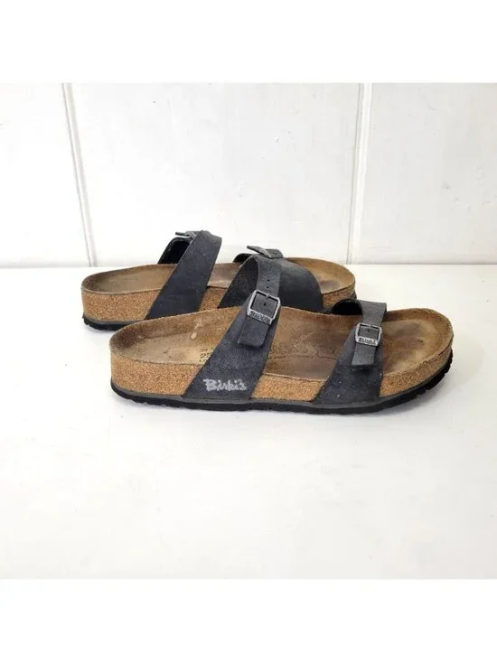 Birkis Birkenstock Women's Black Double-Strap Sandals With Contoured Cork Footbe - Picture 2 of 8